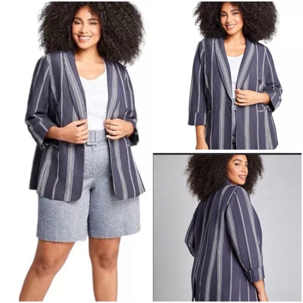 Lane Bryant The Bryant Blazer Shawl Collar Blue Striped Size 20 Linen Blend $89